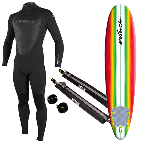 Men's Wetsuit, Surfboard, and Rack Package