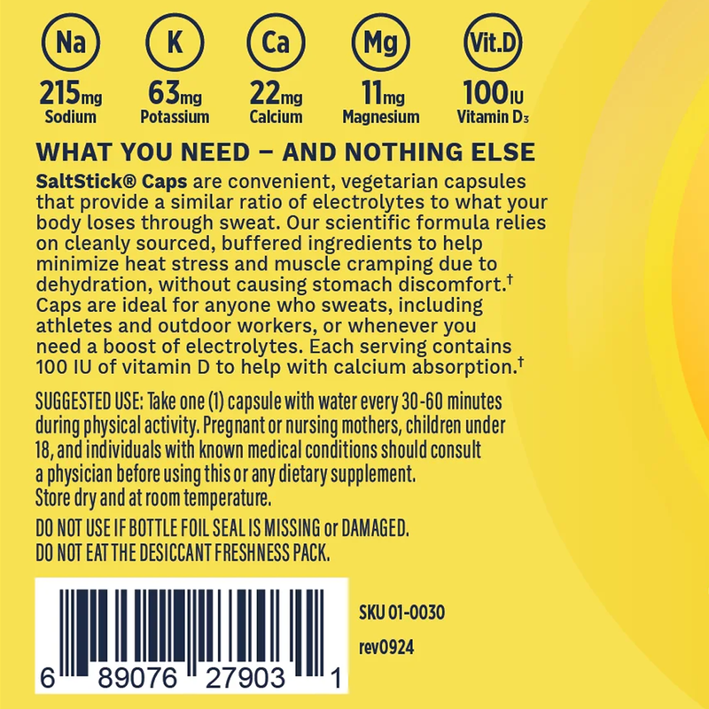 SaltStick Caps (100 Count), SaltStick SaltStick Caps (100 Count) label back