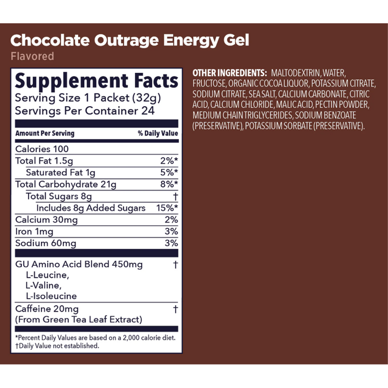 Original Energy Gel, GU Original Energy Gel Chocolate Outrage w/ Caffeine Nutrition Facts