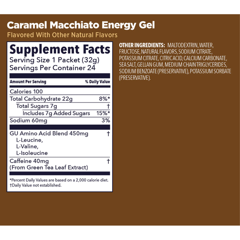 Original Energy Gel, GU Original Energy Gel Caramel Macchiato w/ Caffeine Nutrition Facts