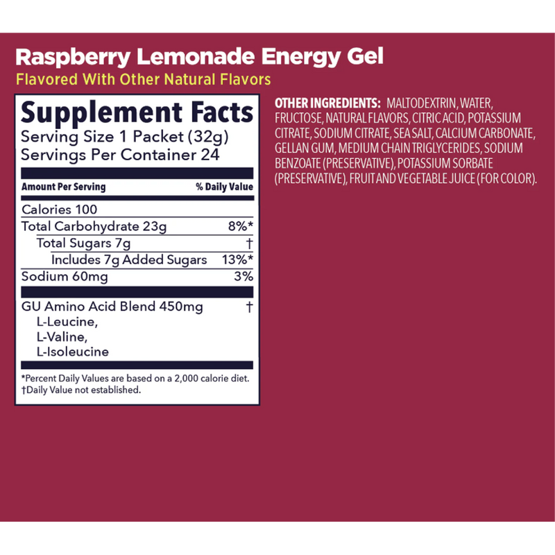 Original Energy Gel, GU Original Energy Gel Raspberry Lemonade Nutrition Facts