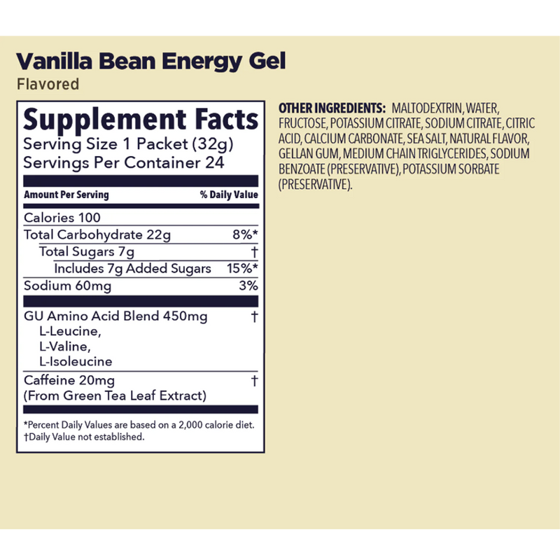 Original Energy Gel, GU Original Energy Gel Vanilla Bean w/ Caffeine Nutrition Facts
