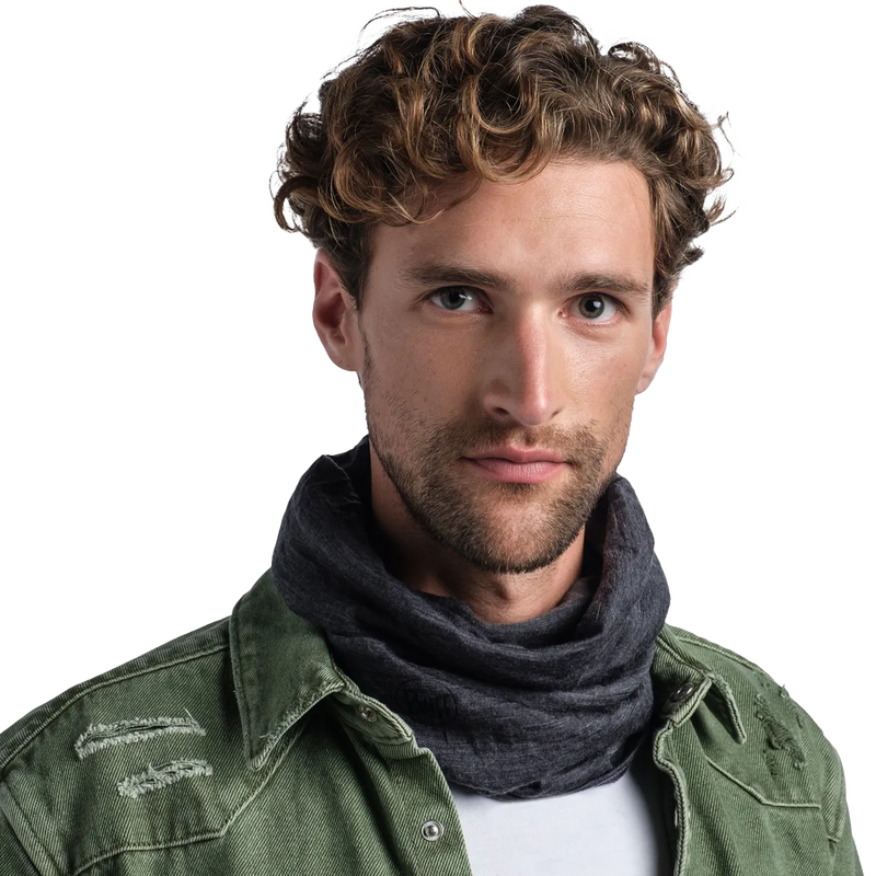 Merino Lightweight Neckwear, Buff Merino Lightweight Neckwear around neck front