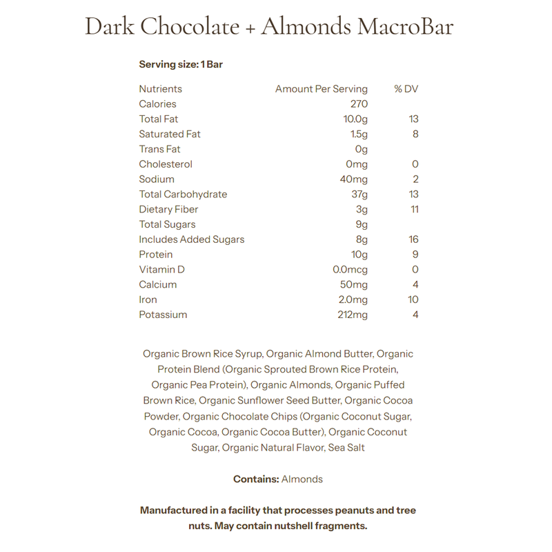 MacroBar, Go Macro MacroBar Dark Chocolate + Almonds Nutrition Facts