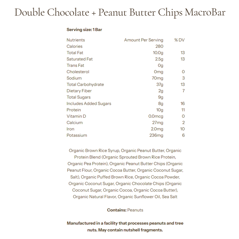 MacroBar, Go Macro MacroBar Double Chocolate + Peanut Butter Chips Nutrition Facts