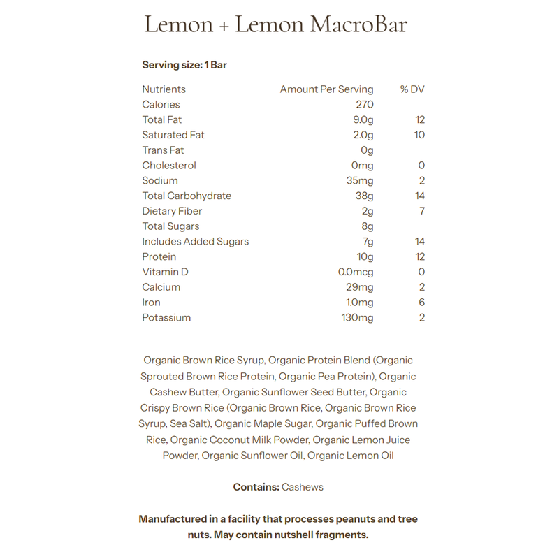 MacroBar, Go Macro MacroBar Lemon + Lemon Nutrition Facts