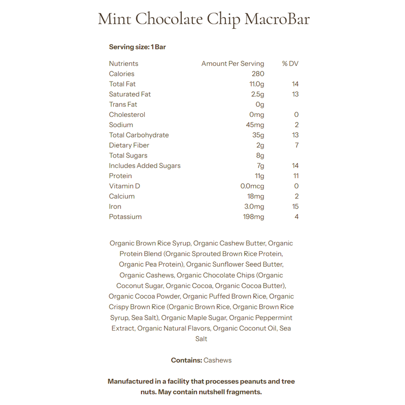 MacroBar, Go Macro MacroBar Mint Chocolate Chip Nutrition Facts