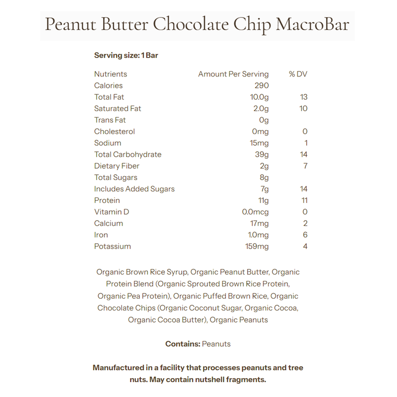 MacroBar, Go Macro MacroBar Peanut Butter Chocolate Chip Nutrition Facts