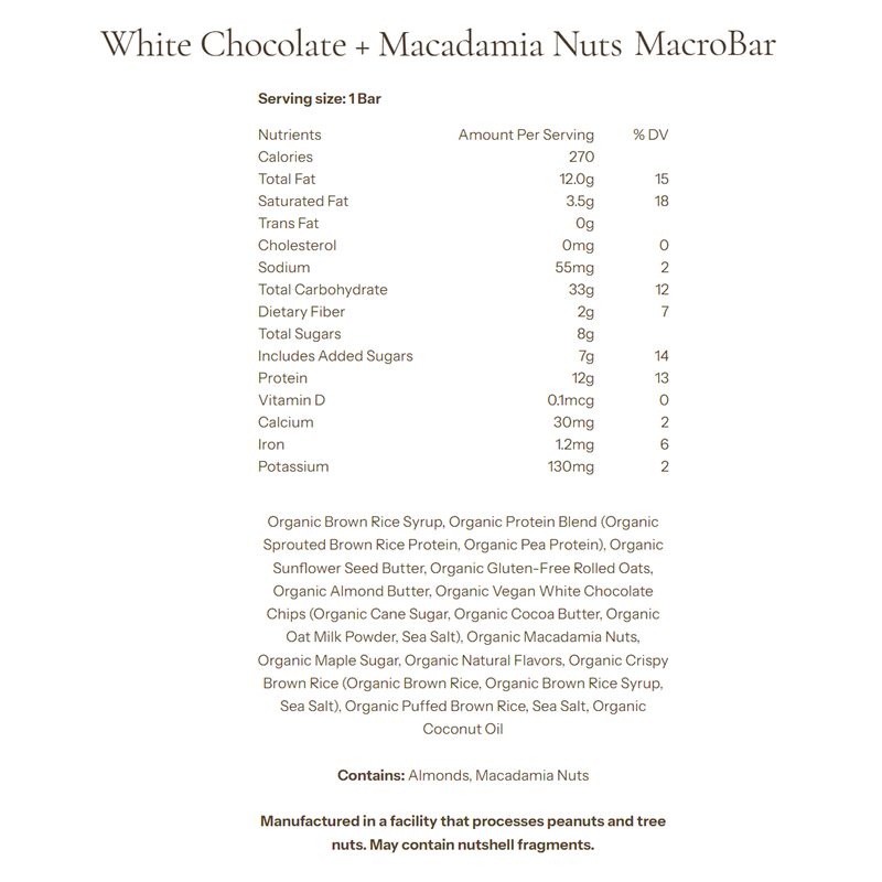 MacroBar, Go Macro MacroBar White Chocolate + Macadamia Nuts Nutrition Facts