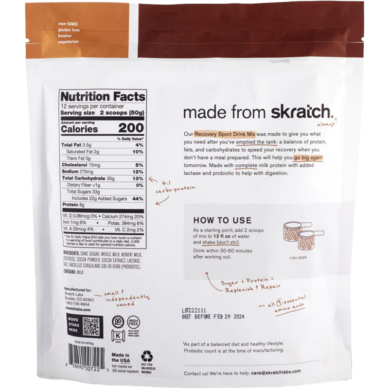 Recovery Sport Drink Mix (12 Servings), Skratch Labs Sport Recovery Mix (12 Servings) Chocolate back of package