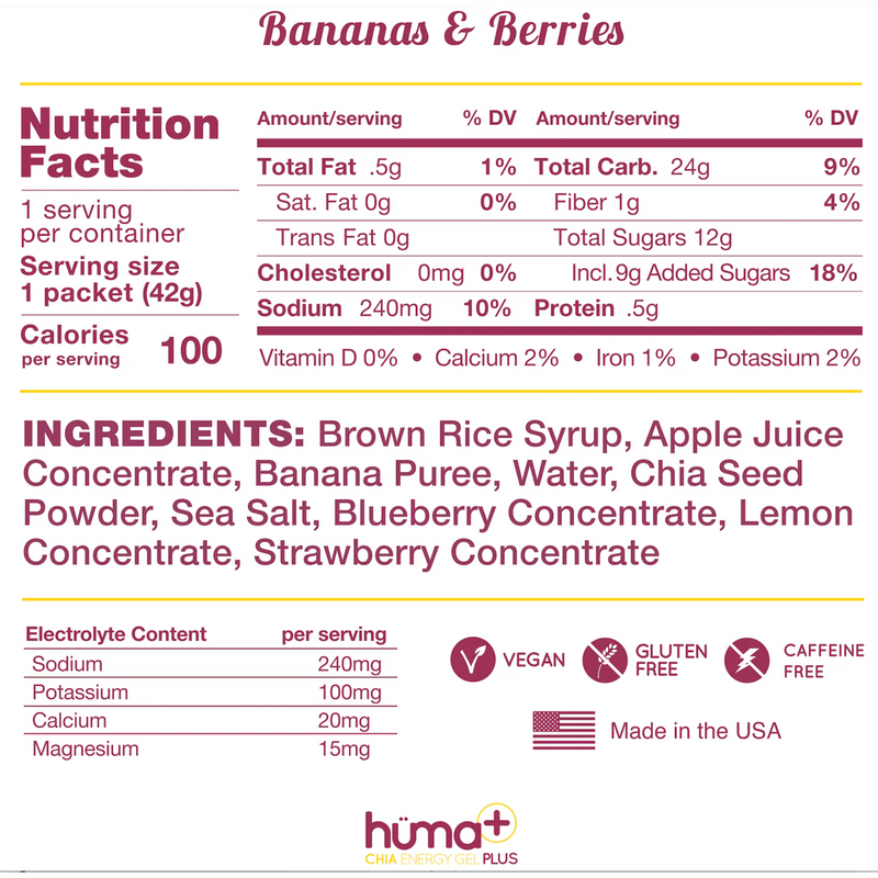 Chia Energy Gel Plus, Huma Chia Energy Gels Plus bananas and berries nutrition facts