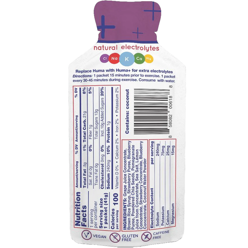 Chia Energy Gel Plus, Huma Chia Gel Plus back of package