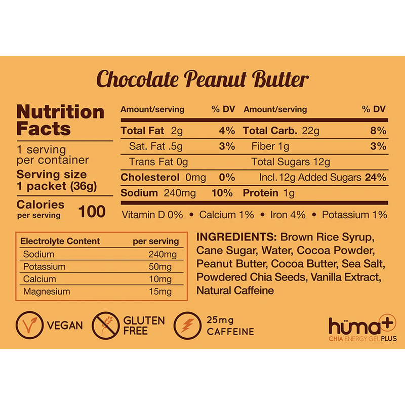 Chia Energy Gel Plus, Huma Chia Gel Plus in Chocolate Peanut Butter Nutrition Facts