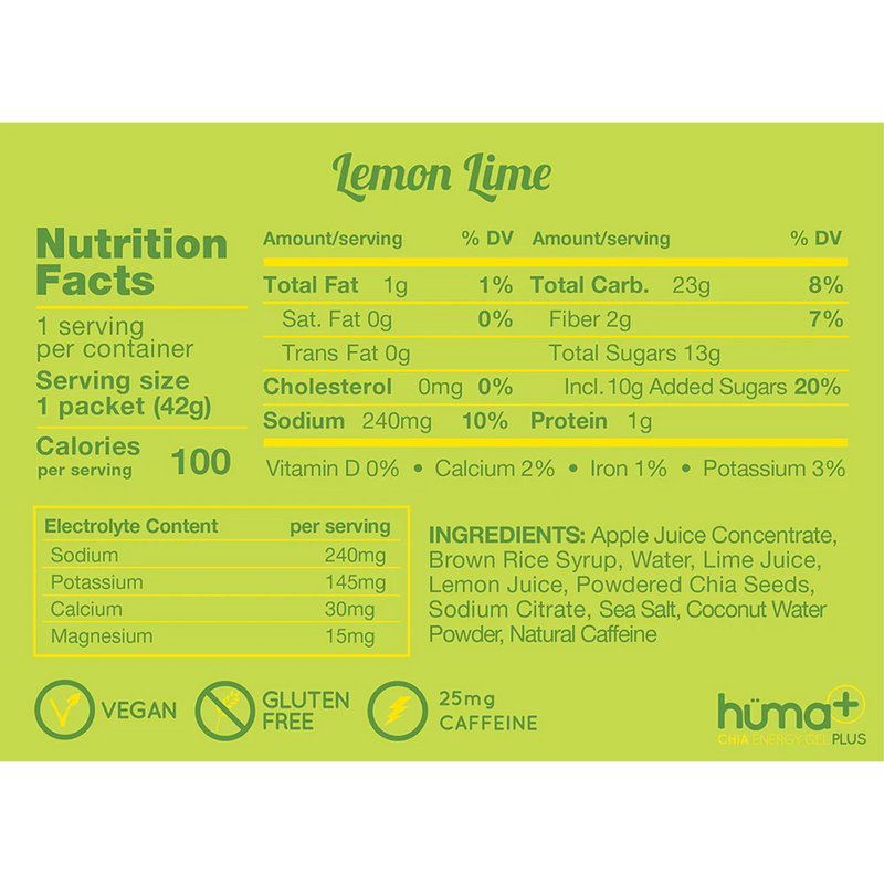 Chia Energy Gel Plus, Huma Chia Gel Plus in Lemons & Limes Nutrition Facts