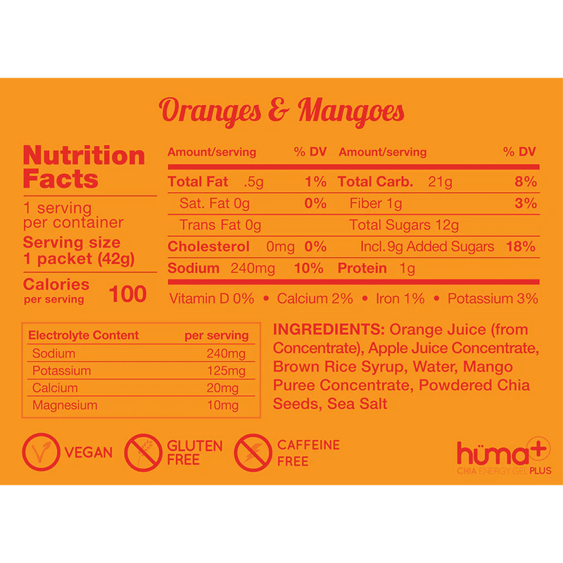 Chia Energy Gel Plus, Huma Chia Gel Plus in Oranges & Mangoes Nutrition Facts