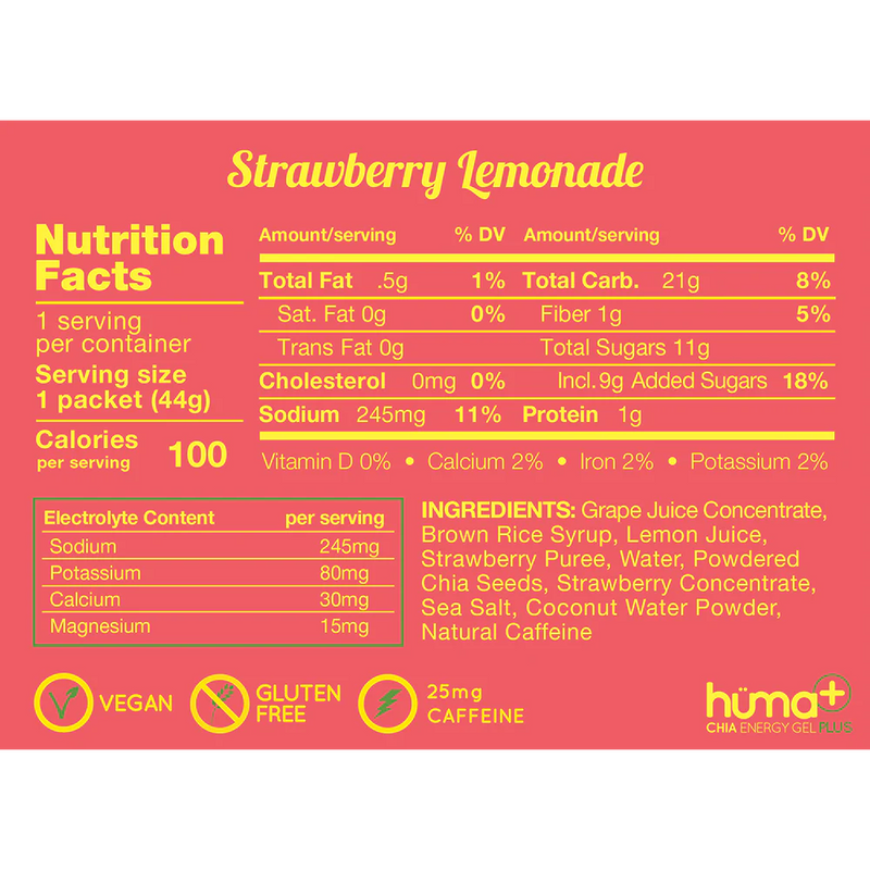 Chia Energy Gel Plus, Huma Chia Gel Plus in Strawberry Lemonade Nutrition Facts