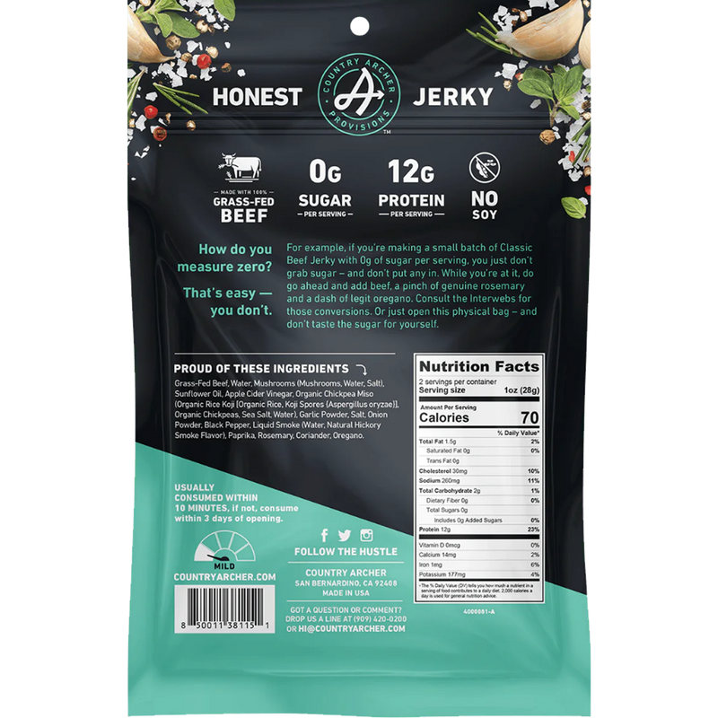 Zero Sugar Beef Jerky, Country Archer Zero Sugar Beef Jerky back of package