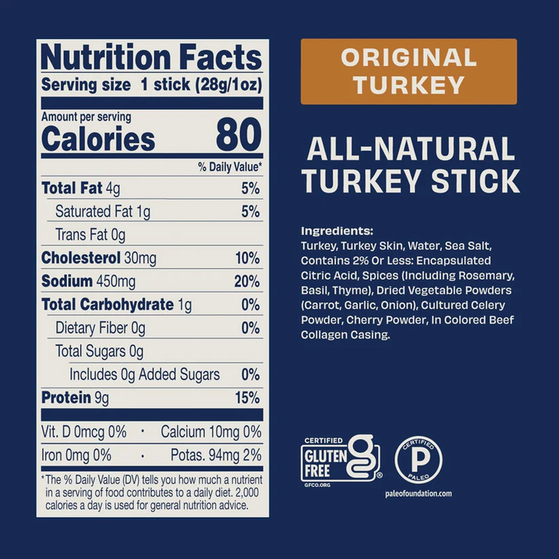 Zero Sugar 1 oz Jerky Sticks, Archer Jerky Zero Sugar Jerky Sticks Original Turkey Nutrition Facts & Ingredients