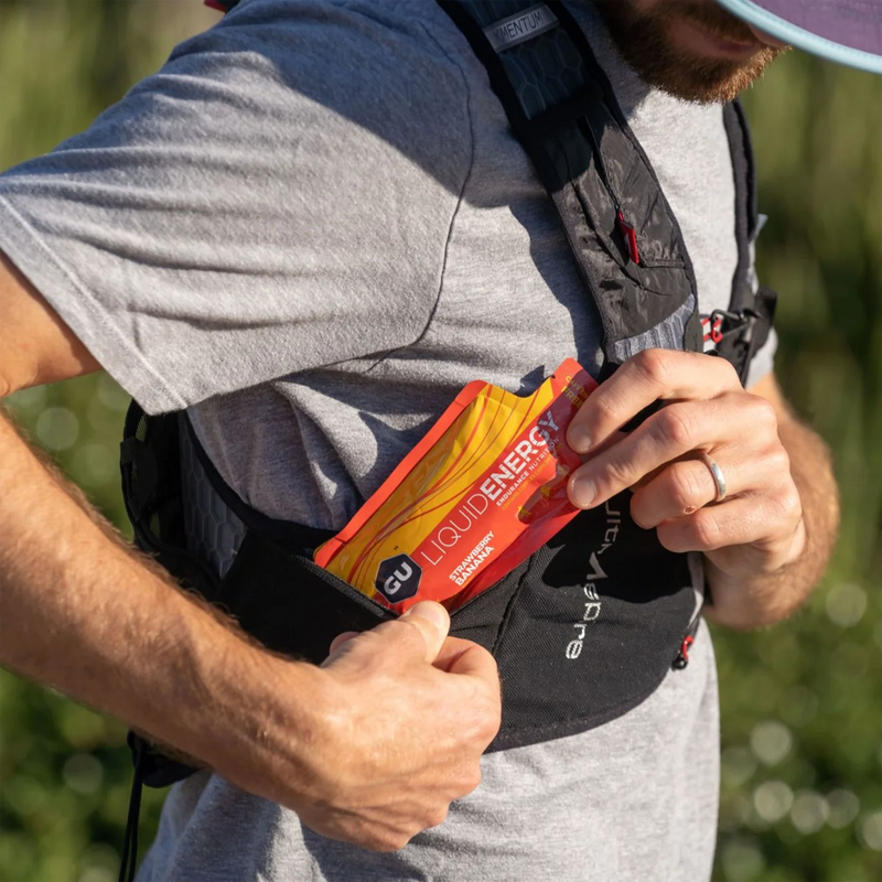 Liquid Energy Gel, GU GU Liquid Energy Gel in run vest