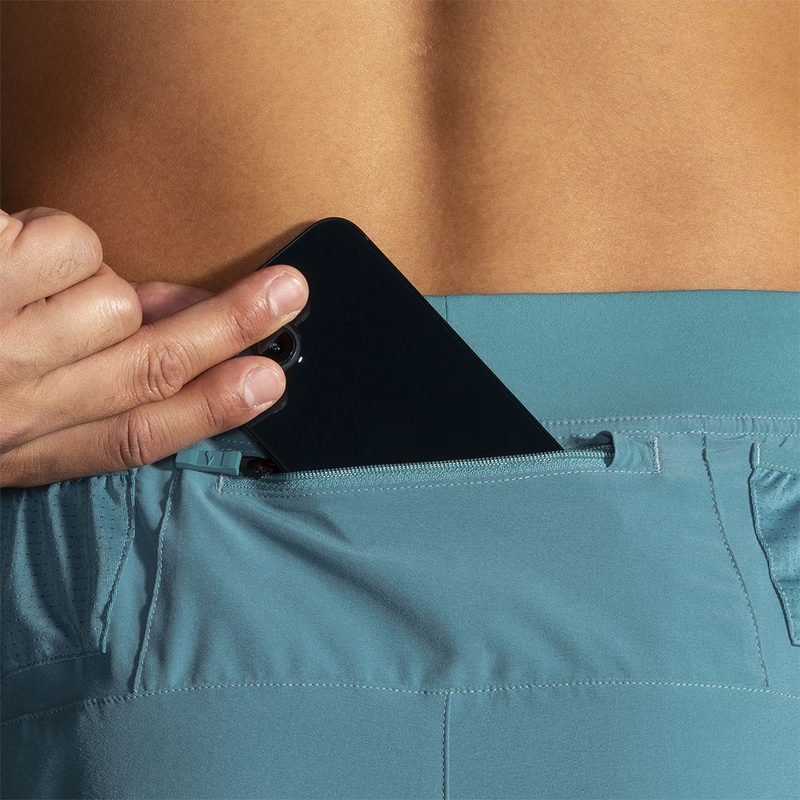 Men's Sherpa 5" Short, Brooks Men's Sherpa 5" Short in Storm Blue back zipper phone pocket