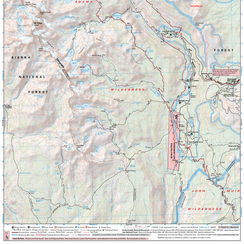 Devils Postpile - 1000 Island Lake, Tom Harrison Maps Devils Postpile - 1000 Island Lake detail south half