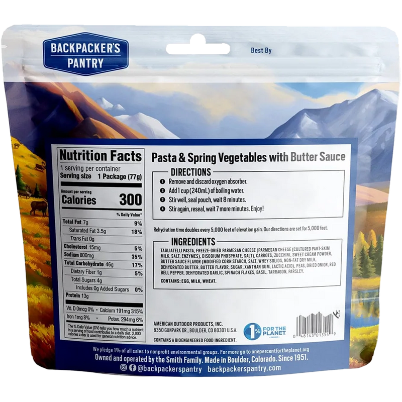 Pasta & Spring Vegetables with Butter Sauce (1 Serving), Backpacker's Pantry Pasta & Spring Vegetables with Butter Sauce (1 Serving) back of package