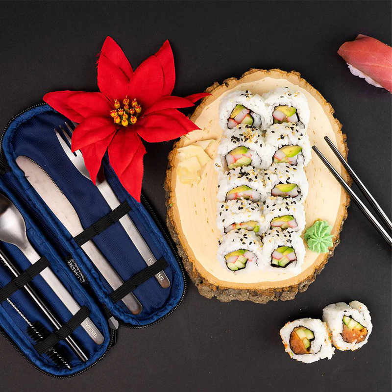 Wanderware 6-Piece Reusable Stainless Steel Utensil Set, EcoVessel Wanderware 6-Piece Reusable Stainless Steel Utensil Set with food