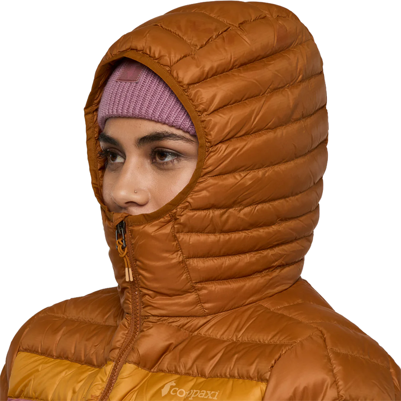 Women's Fuego Down Hooded Jacket, Cotopaxi Women's Fuego Down Hooded Jacket in SIEFJ-Sienna and Fjord hood