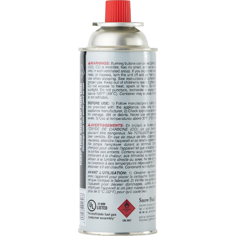 Gas CB 250 butane, Snow Peak Gas CB 250 butane back label