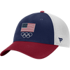 Fanatics Team USA Red/White/Blue Structured Adjustable Mesh Olympics '24 in Navy White and Cardinal