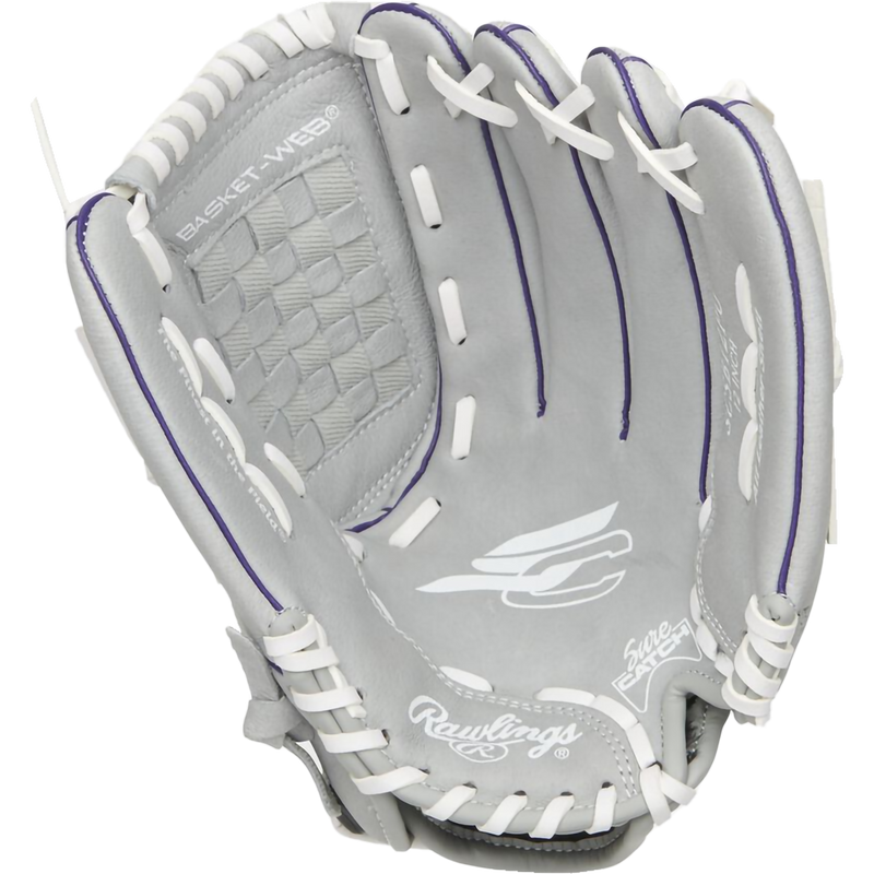 Youth Sure Catch Fastpitch IF/OF 12" Basket Web - Left Hand Throw, Rawlings Youth Sure Catch Fastpitch Outfield - 12" Basket Web LHT in Gray Purple palm