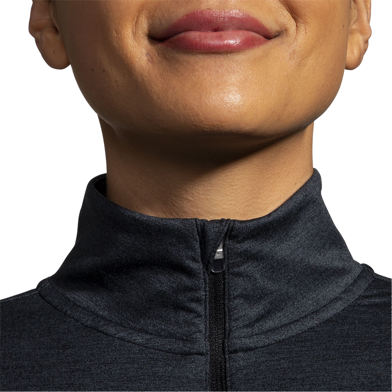 Women's Dash 1/2 Zip 2.0, Brooks Women's Dash 1/2 Zip 2.0 in Heather Black collar