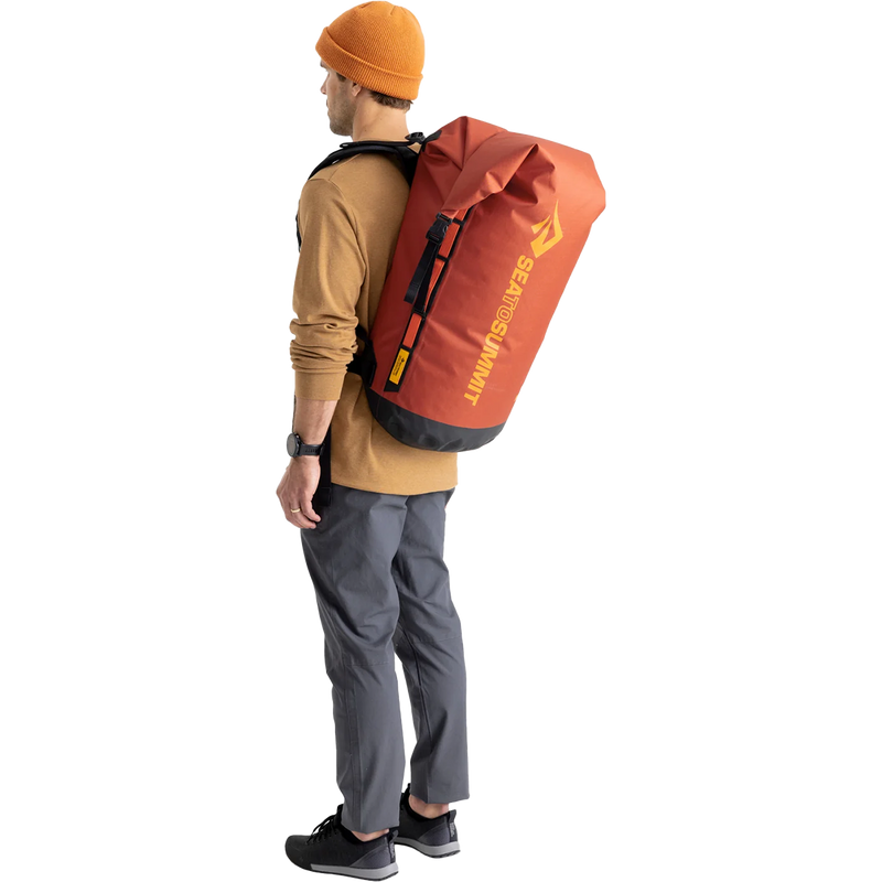 Big River Dry Backpack 75L Large, Sea to Summit Big River Dry Backpack 75L Large in Picante Red on model back