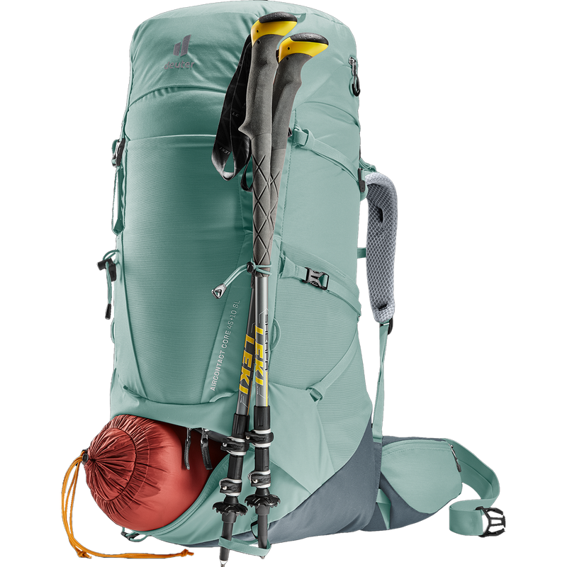 Aircontact Core 45+10 SL, Deuter Aircontact Core 45+10 SL in Jade-Graphite with sleeping bag and poles