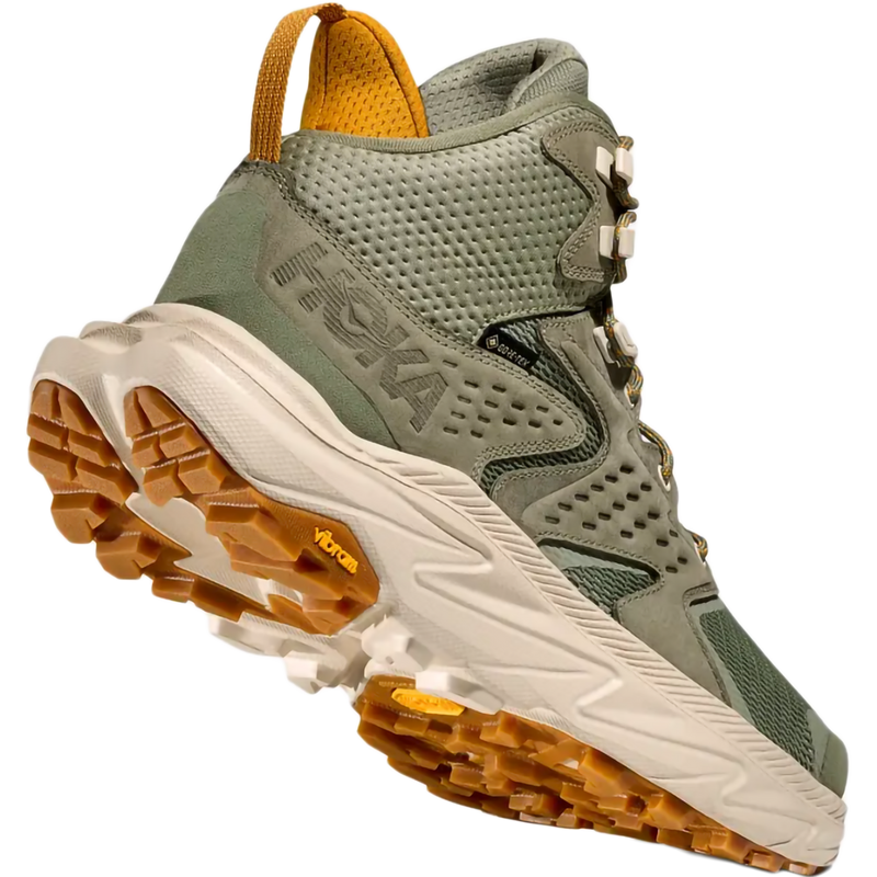 Men's Anacapa 2 Mid GTX, Hoka Men's Anacapa 2 Mid GTX in SMLK-Sea Moss/Oat Milk back right and bottom