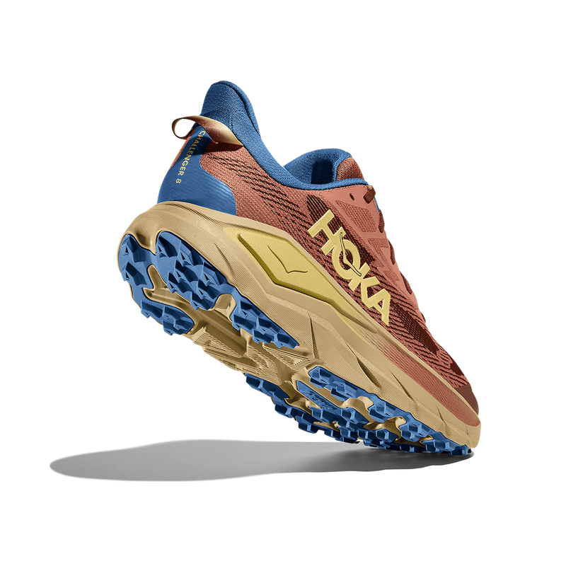 Men's Challenger 8, Hoka Men's Challenger 8 in Maple/Cardamom - Angled view frm beneath showing lugs