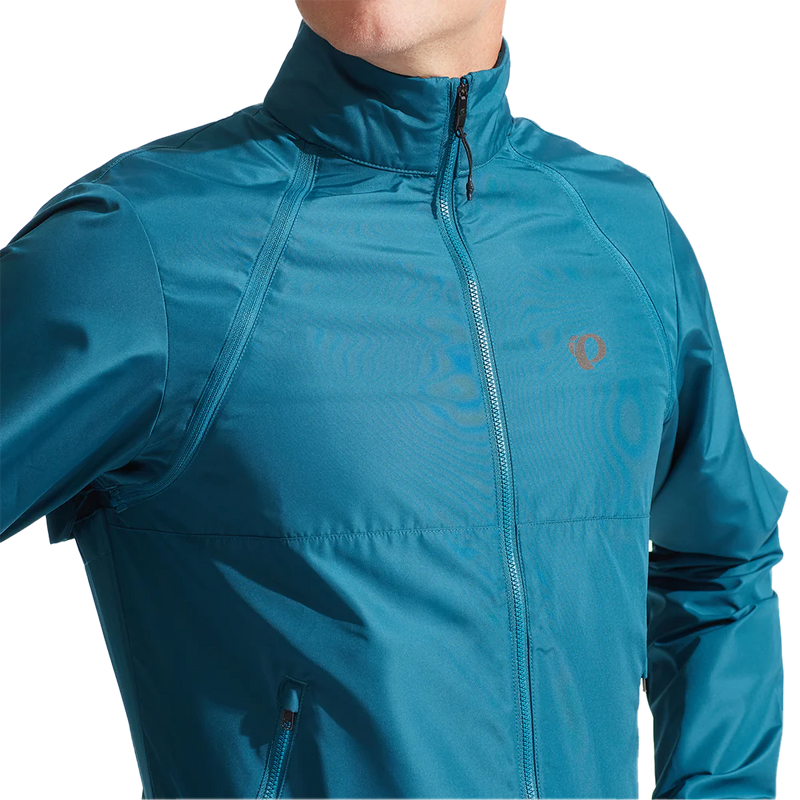 Men's Quest Barrier Convertible Jacket, Pearl Izumi Men's Quest Barrier Convertible Jacket Ocean Blue front zipper and logo