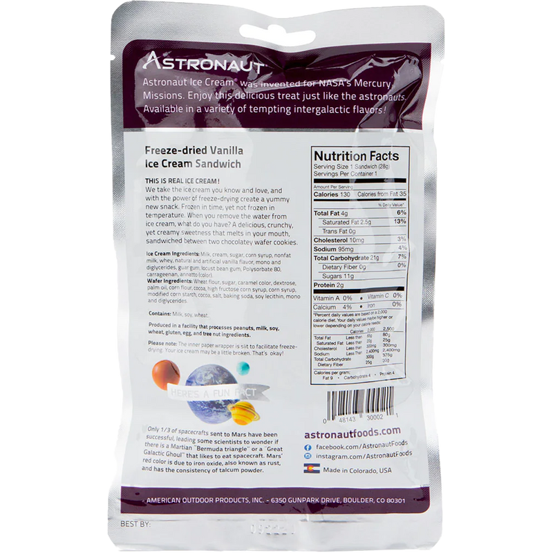 Freeze-dried Ice Cream Sandwich (1 Serving), Backpacker's Pantry Freeze-dried Ice Cream Sandwich back of package