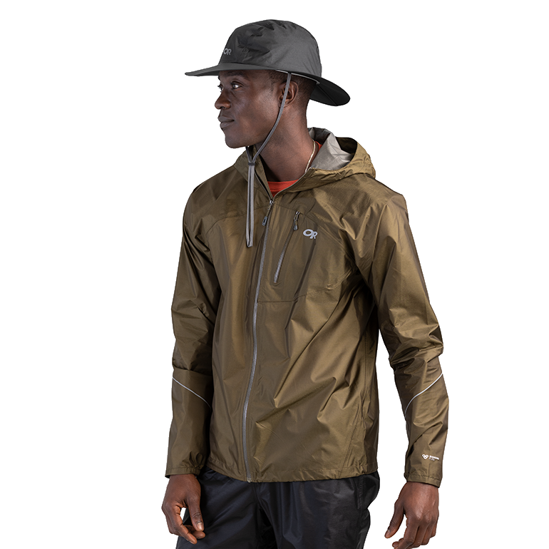 Helium Rain Full Brim Hat, Outdoor Research Helium Rain Full Brim Hat on model.