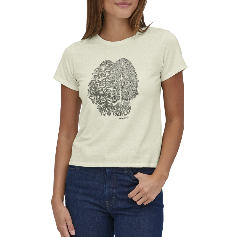 Women's Wisdom Afoot Responsibili-Tee, Patagonia Women's Wisdom Afoot Responsibili-Tee STBI-Stand Together/White on model front