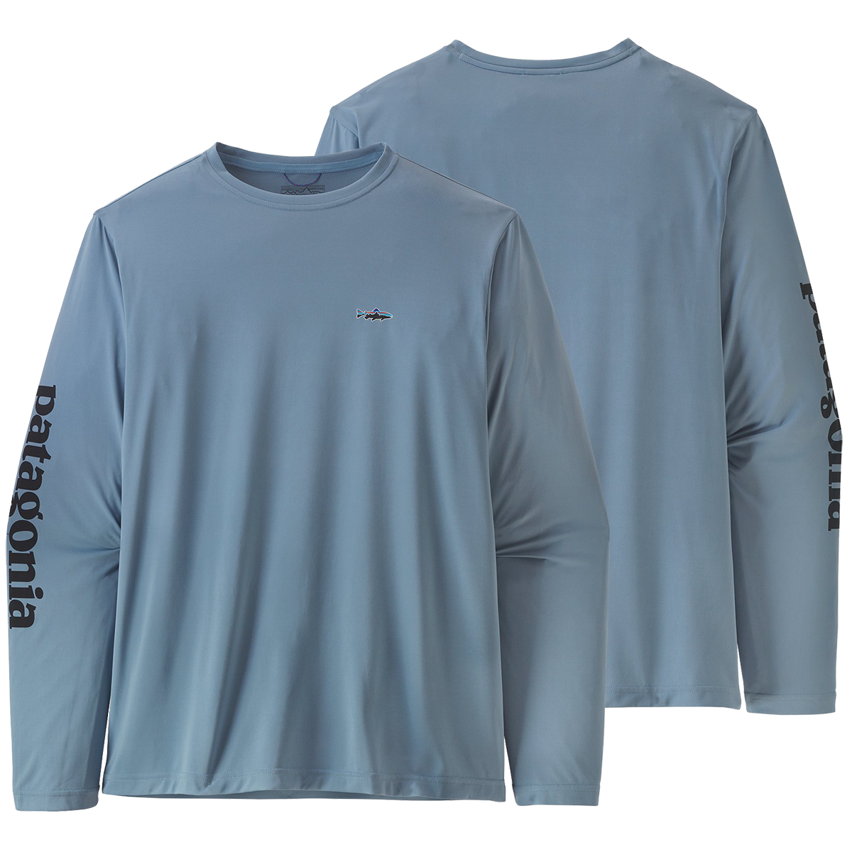 Patagonia Men's Long-Sleeved Capilene Cool Daily Fish Graphic Shirt Text Logo: Light Plume Grey / XXL