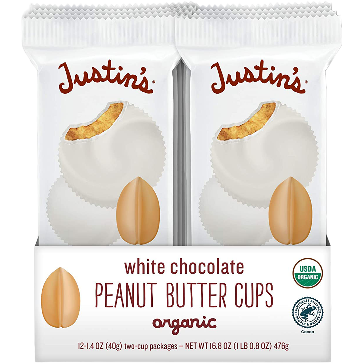 Justin's Organic Milk Chocolate Peanut Butter Cups, Rainforest Alliance  Certified Cocoa, Gluten-free, Responsibly Sourced, 12 Pack (2 cups each)
