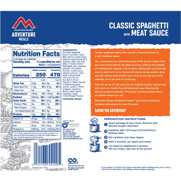 Spaghetti w/ Meat Sauce (2 Servings), Mountain House Spaghetti w/ Meat Sauce (2 Servings)