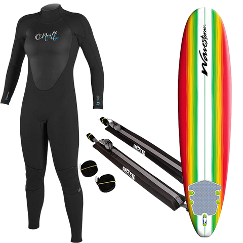 Women's Wetsuit, Surfboard, and Rack Package